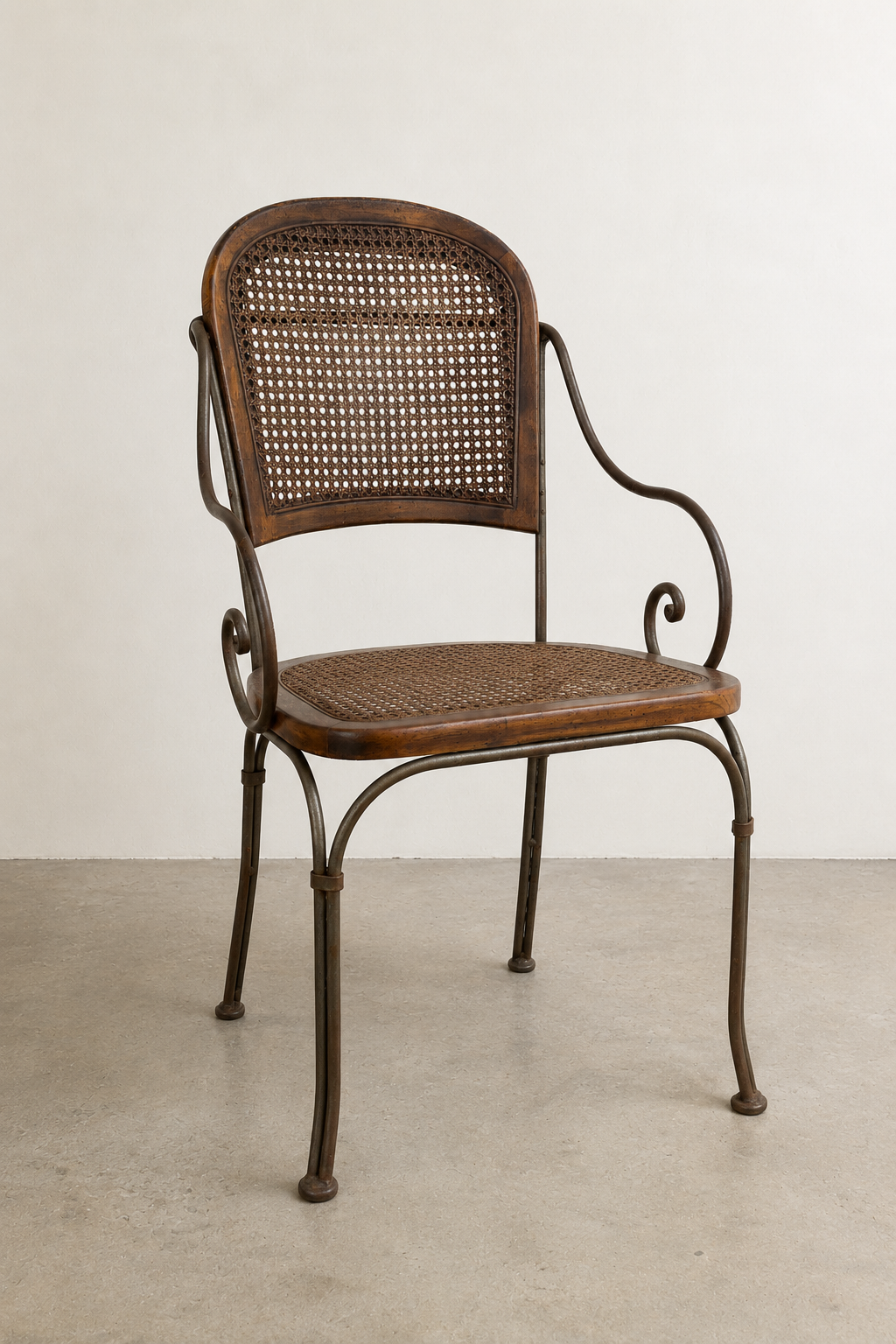 Vintage Bentwood &amp; Cane Armchair with Scroll Iron Frame