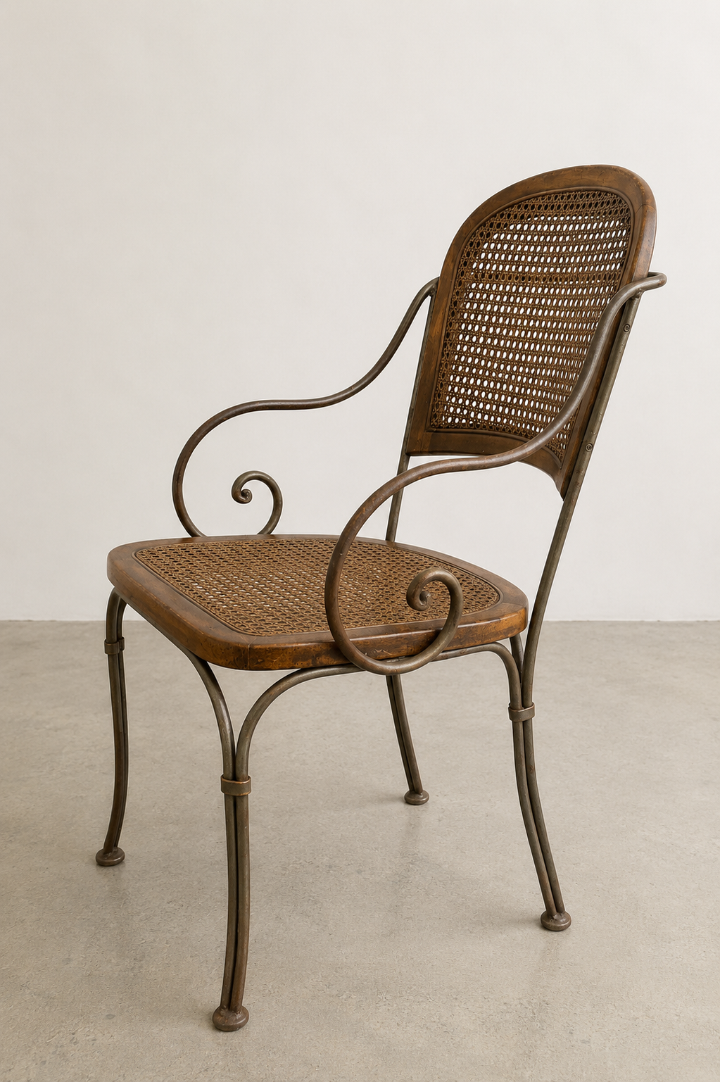 Vintage Bentwood &amp; Cane Armchair with Scroll Iron Frame