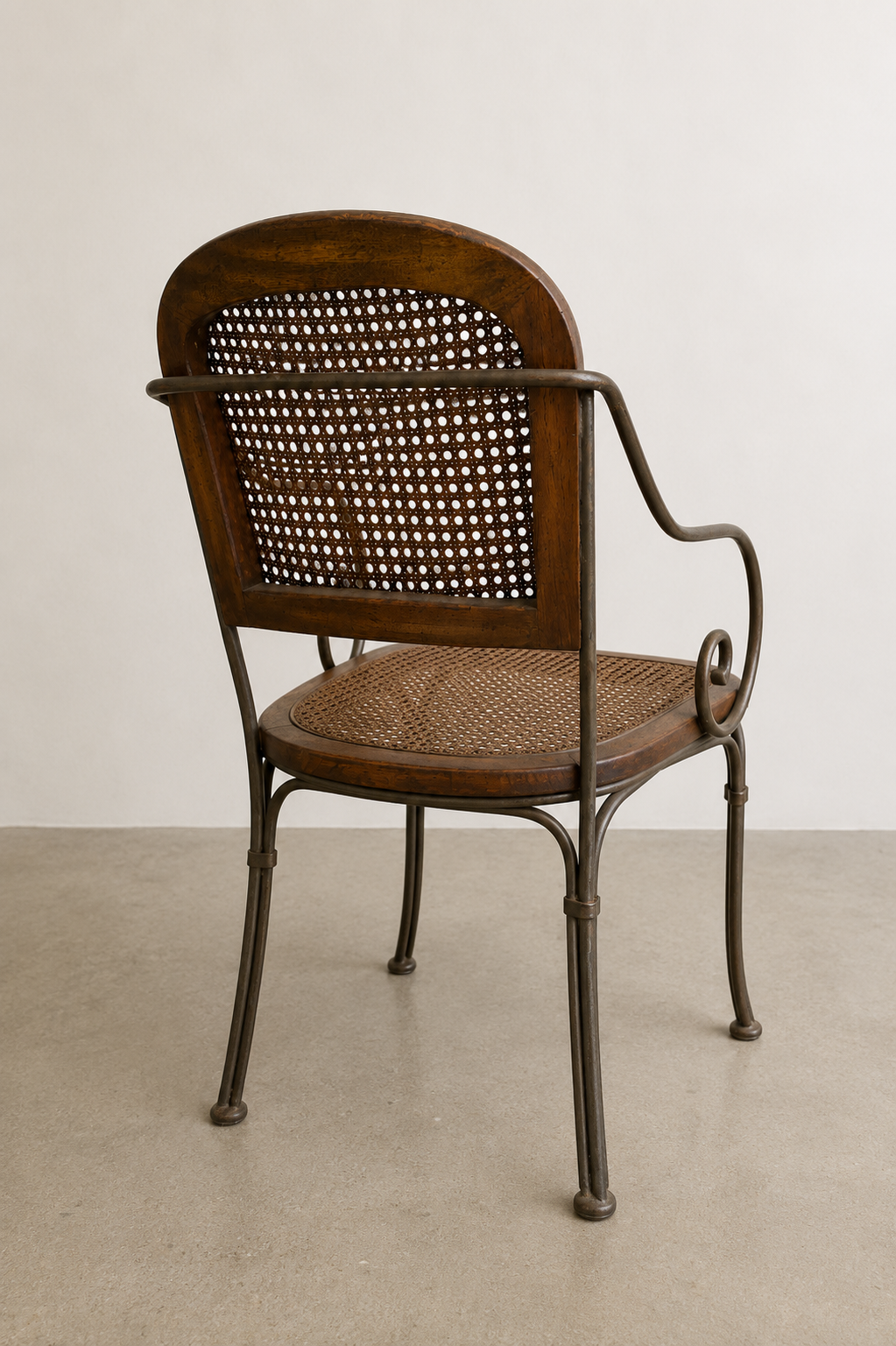 Vintage Bentwood &amp; Cane Armchair with Scroll Iron Frame