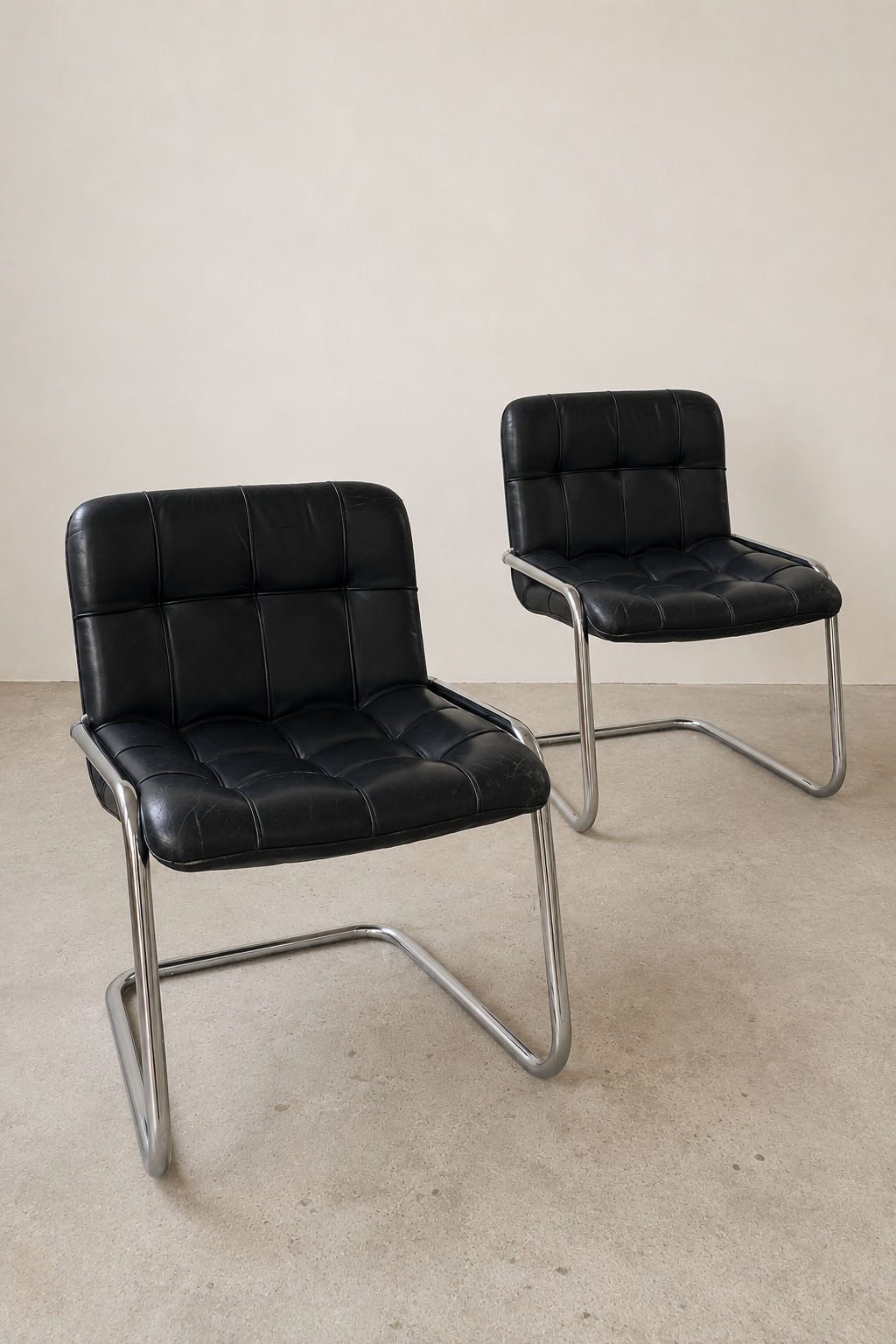 Vintage Black Leather Cantilever Chairs (2 Available)