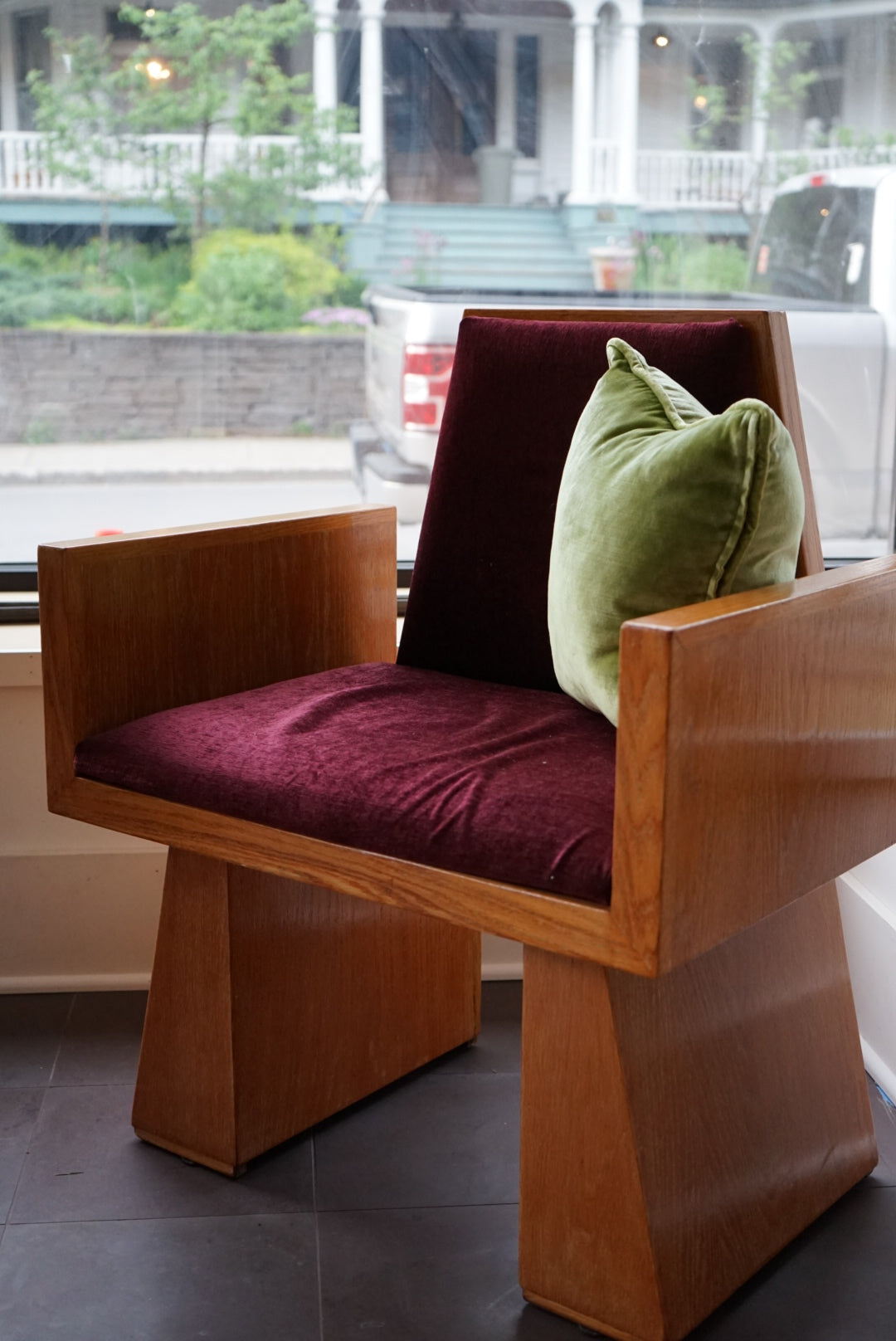 Architectural Wood Armchair with Burgundy Velvet, c. 1970s–80s