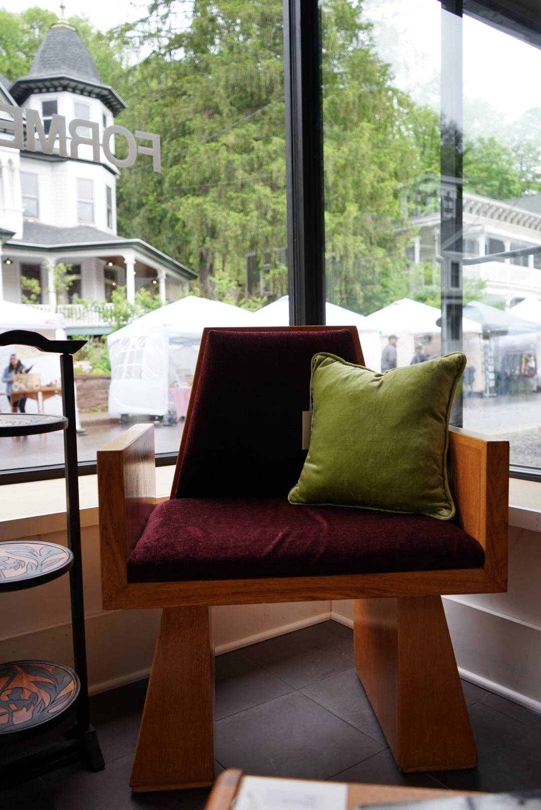 Architectural Wood Armchair with Burgundy Velvet, c. 1970s–80s