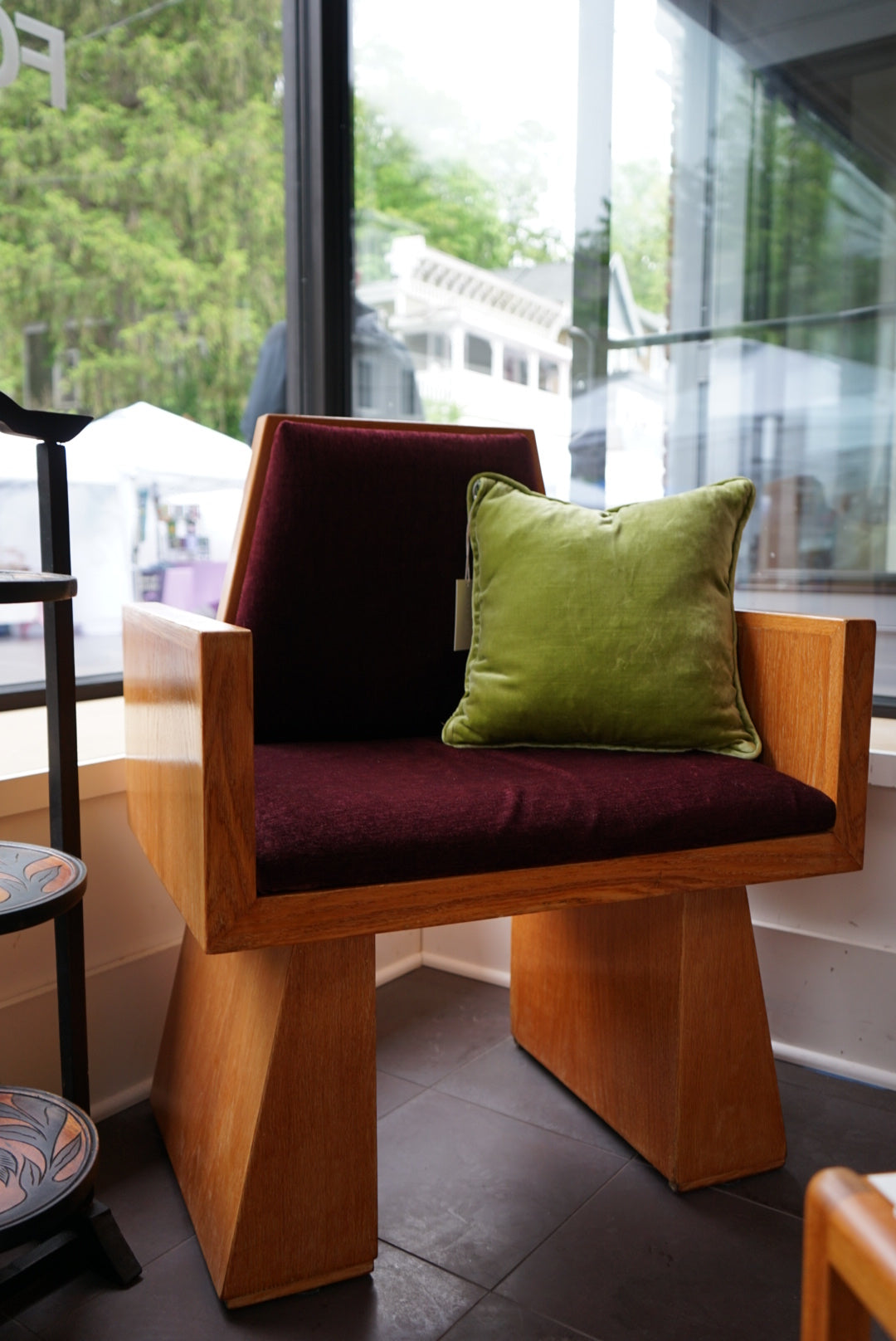 Architectural Wood Armchair with Burgundy Velvet, c. 1970s–80s