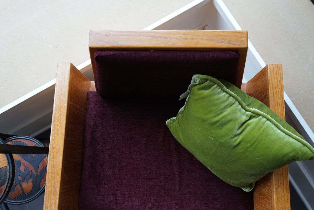 Architectural Wood Armchair with Burgundy Velvet, c. 1970s–80s