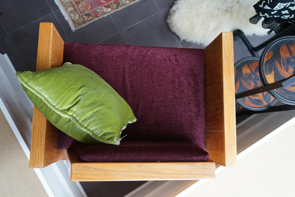 Architectural Wood Armchair with Burgundy Velvet, c. 1970s–80s