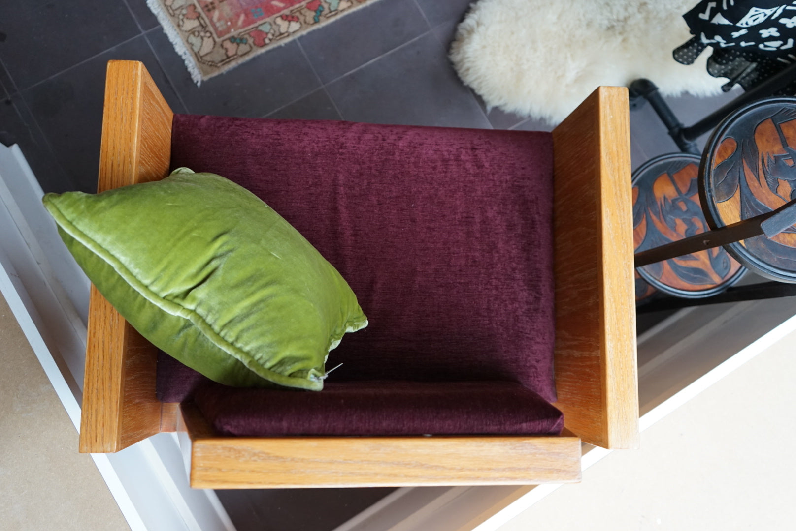 Architectural Wood Armchair with Burgundy Velvet, c. 1970s–80s